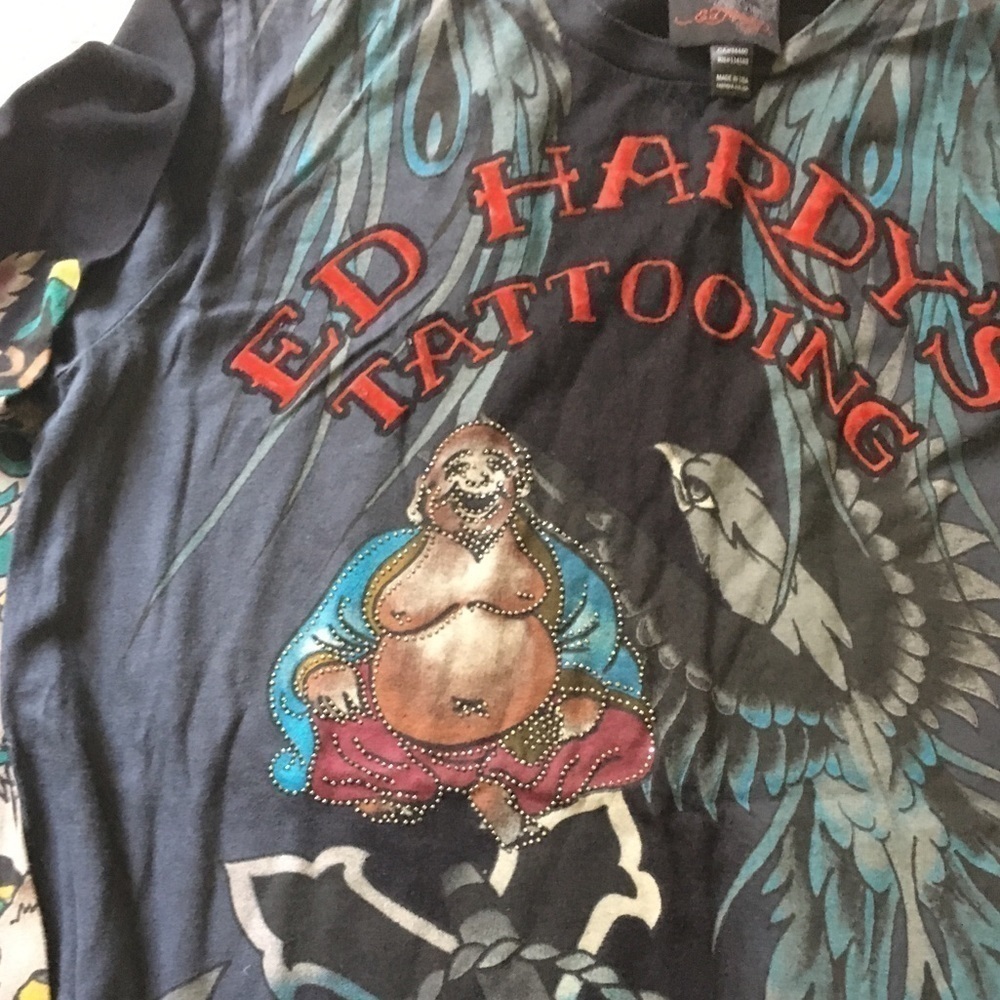 Ed Hardy Long Embellished Buddha Tee Medium